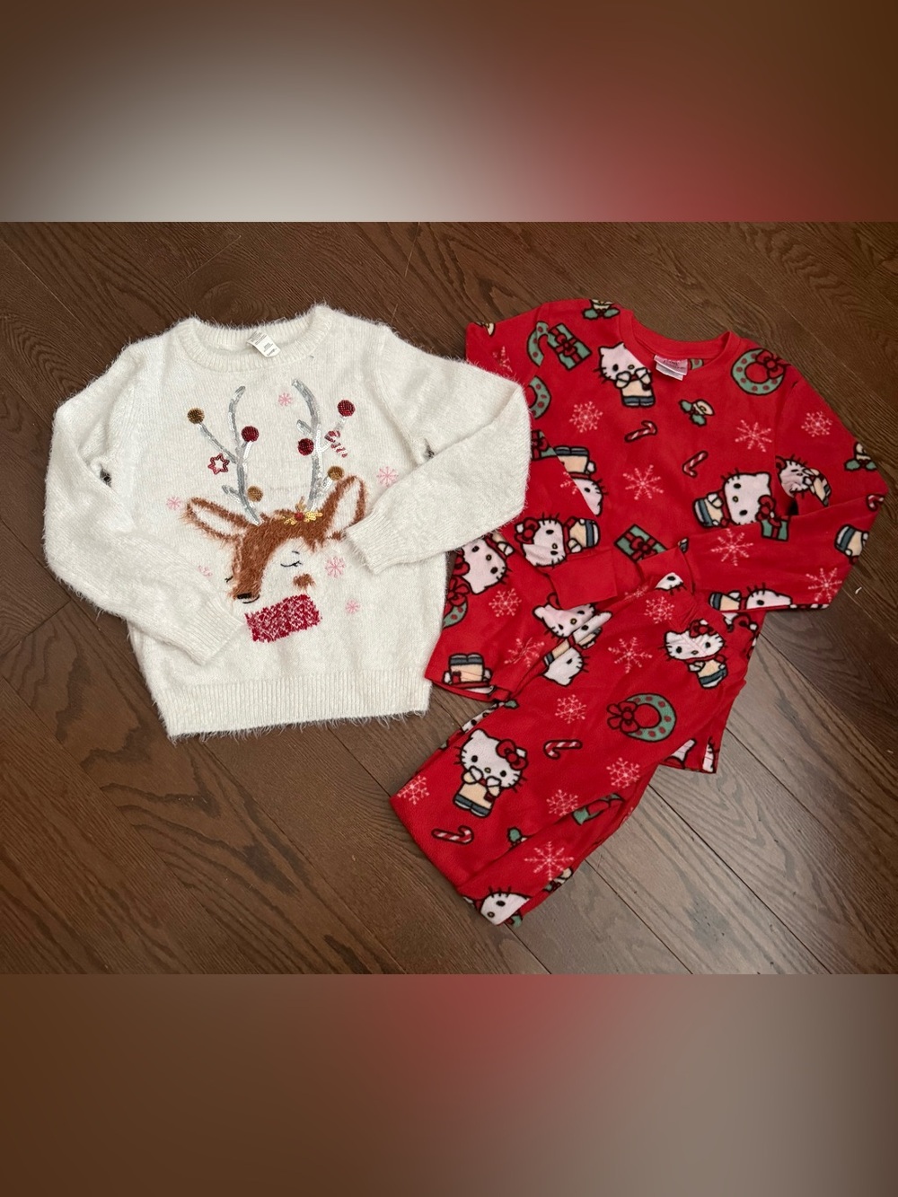 Hello Kitty Fleece 2 Piece Pajamas & George Reindeer Sweater Christmas Bundle